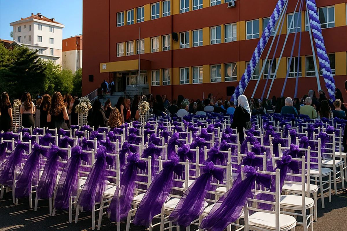Okul bahçesinde mor sandalye düzenli mezuniyet töreni